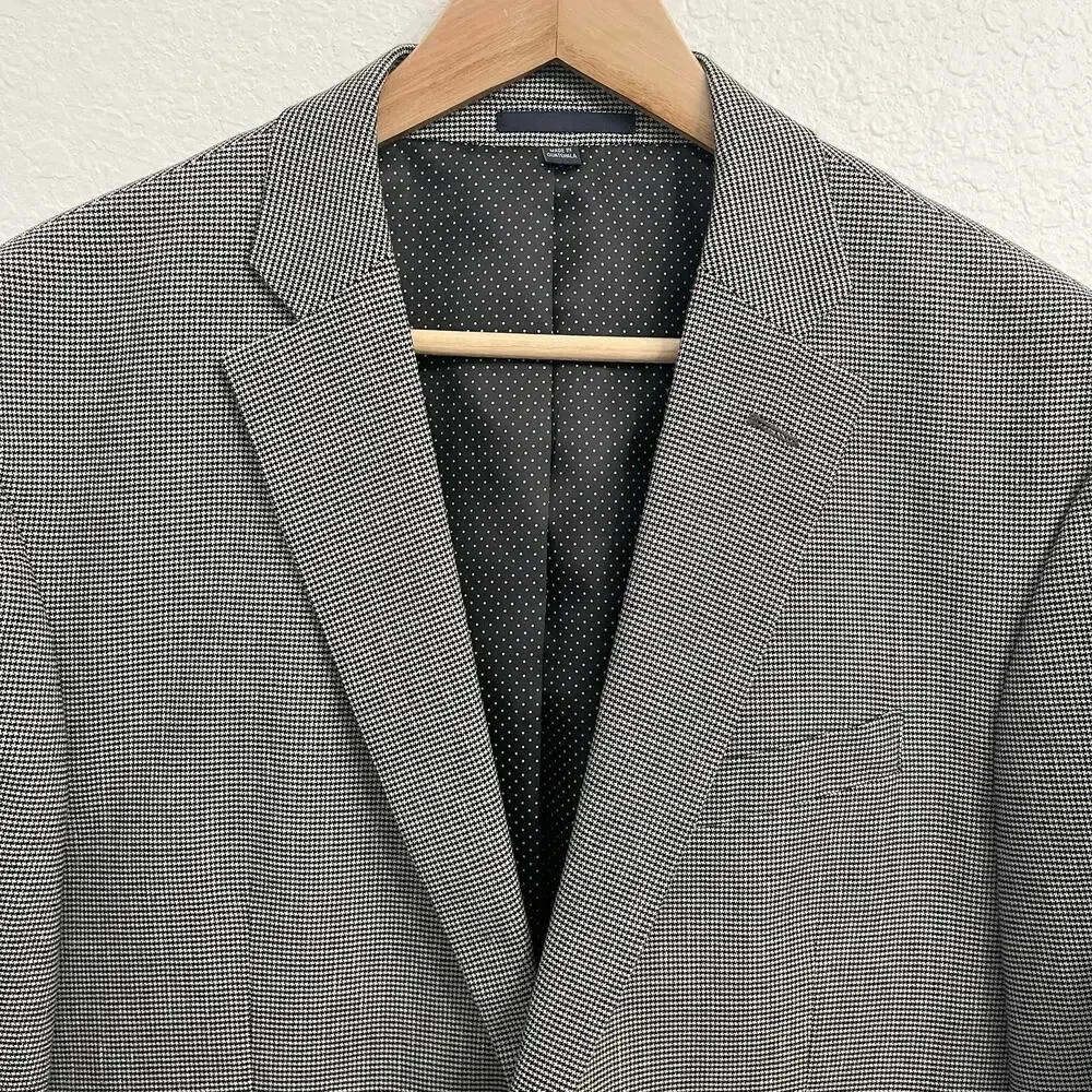 Jos A Bank Linen Cotton Houndstooth Blazer‎ 40L Tailored Fit Elbow Patches Black